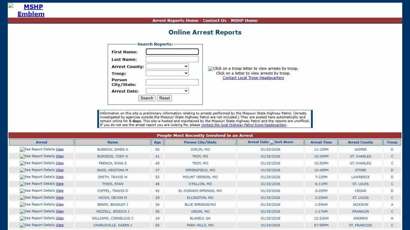 Missouri State Highway Patrol - Arrest Reports